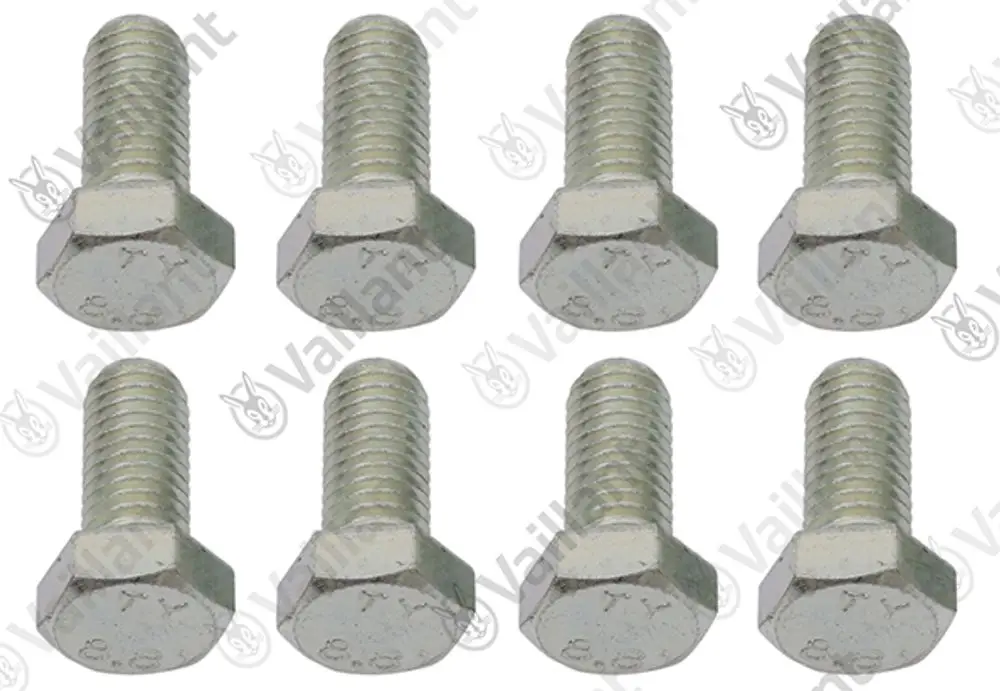 Acht Sechskant-Schrauben von Vaillant, aus Metall, mit Gewinde und glatter Oberfläche, angeordnet in zwei Reihen.